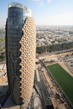 One of the Al Bahar Towers (under construction), Abu Dhabi, UAE, designed by Aedas for the Abu Dhabi Investment Council (ADIC)