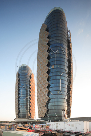 The north face of the Al Bahar Towers (under construction), Abu Dhabi, UAE, designed by Aedas for the Abu Dhabi Investment Council (ADIC)
