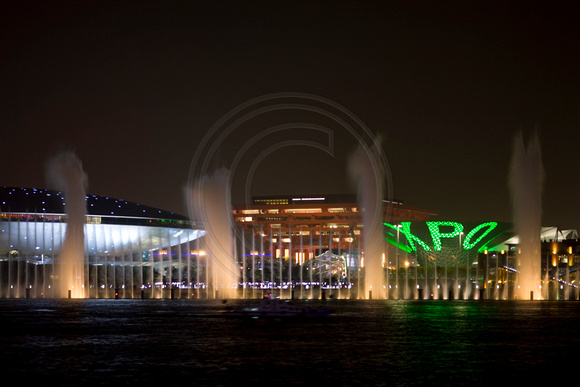View of the Expo site from north of the Huangpu River with light and water show